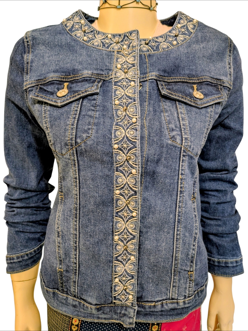 Nicole Miller Studio Embroidered Trim Indigo Denim Jacket